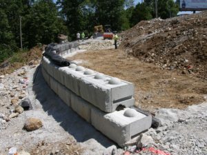Redi-Rock Retaining Wall with Geo Grid during Installation